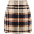 A high waist plaid tight pencil wool mini skirt in cream navy blue and warm brown with subtle orange accents