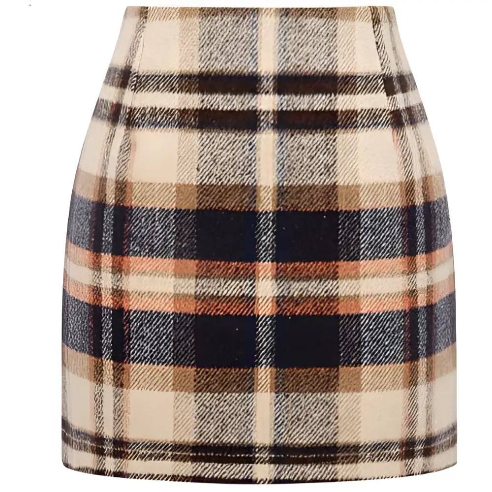 A high waist plaid tight pencil wool mini skirt in cream navy blue and warm brown with subtle orange accents