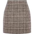 A tailored high waist plaid tight pencil wool mini skirt in black white and gray houndstooth pattern wool blend
