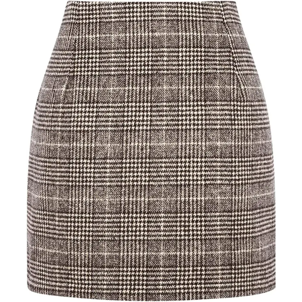 A tailored high waist plaid tight pencil wool mini skirt in black white and gray houndstooth pattern wool blend