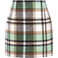 High waist plaid tight pencil wool mini skirt in mint green brown white and navy blue stripes on woven fabric