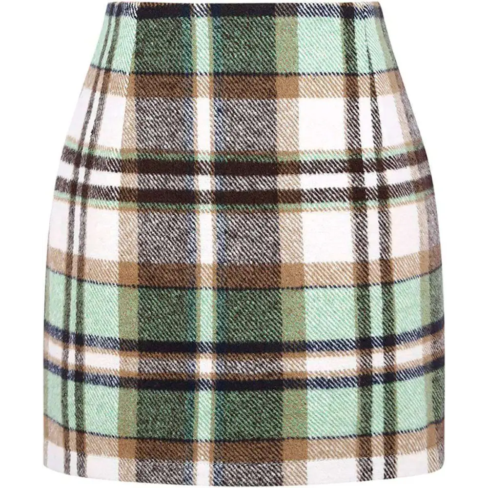 High waist plaid tight pencil wool mini skirt in mint green brown white and navy blue stripes on woven fabric