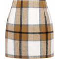 High waist plaid tight pencil wool mini skirt in tan white black and gray textured wool blend fabric