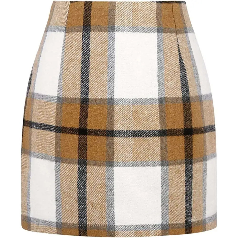 High waist plaid tight pencil wool mini skirt in tan white black and gray textured wool blend fabric