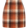 High waist plaid tight pencil wool mini skirt in rust cream and dark gray with a classic checkered pattern