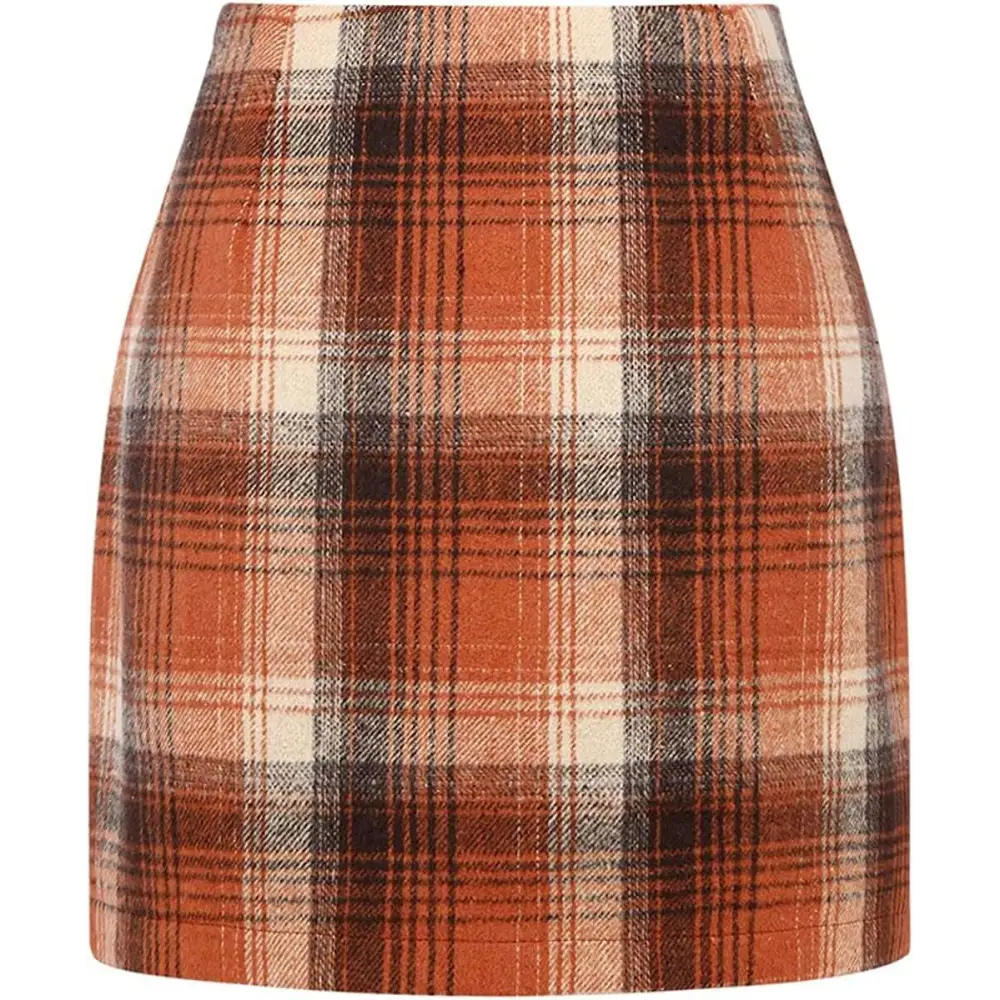 High waist plaid tight pencil wool mini skirt in rust cream and dark gray with a classic checkered pattern