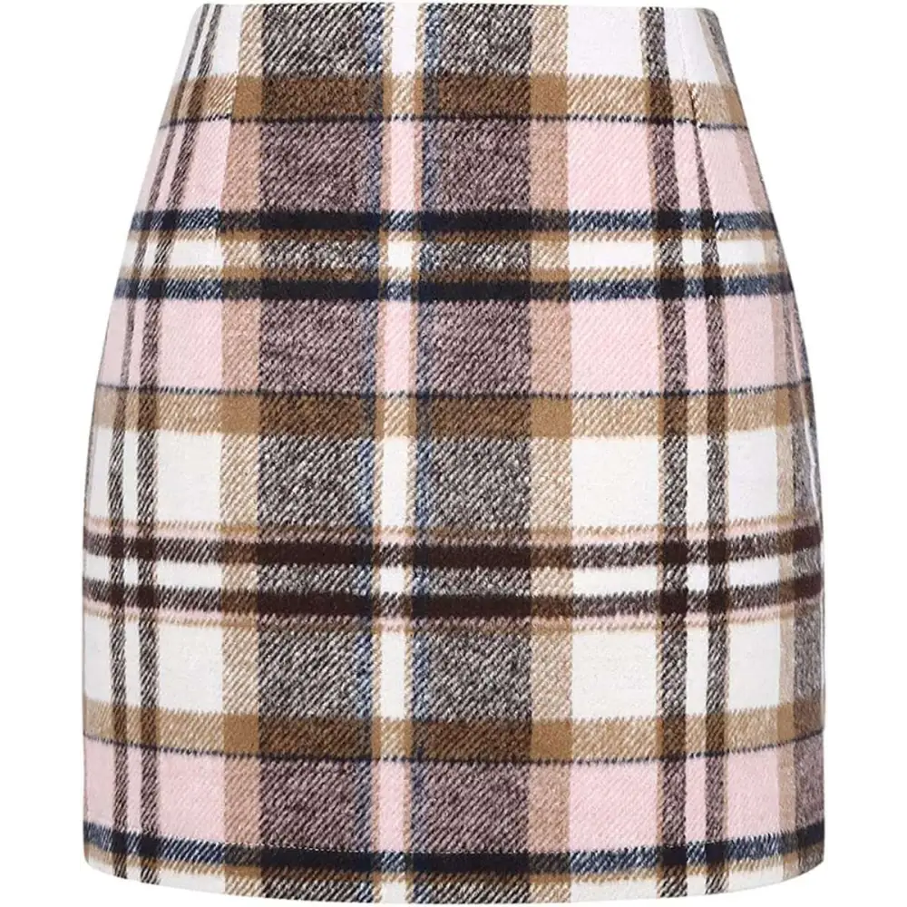 High waist plaid tight pencil wool mini skirt in pink beige and navy with a classic checkered pattern