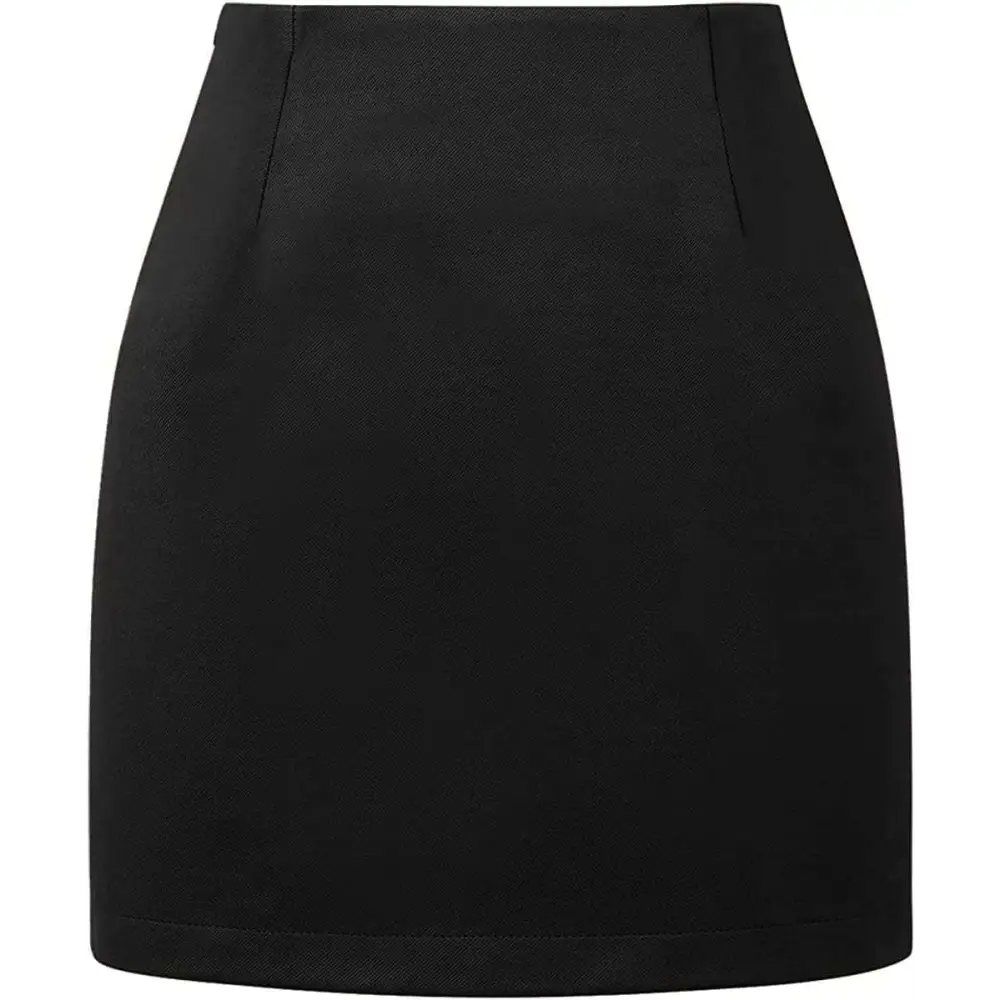 Black high waist plaid tight pencil wool mini skirt with subtle textured fabric and clean tailored seams