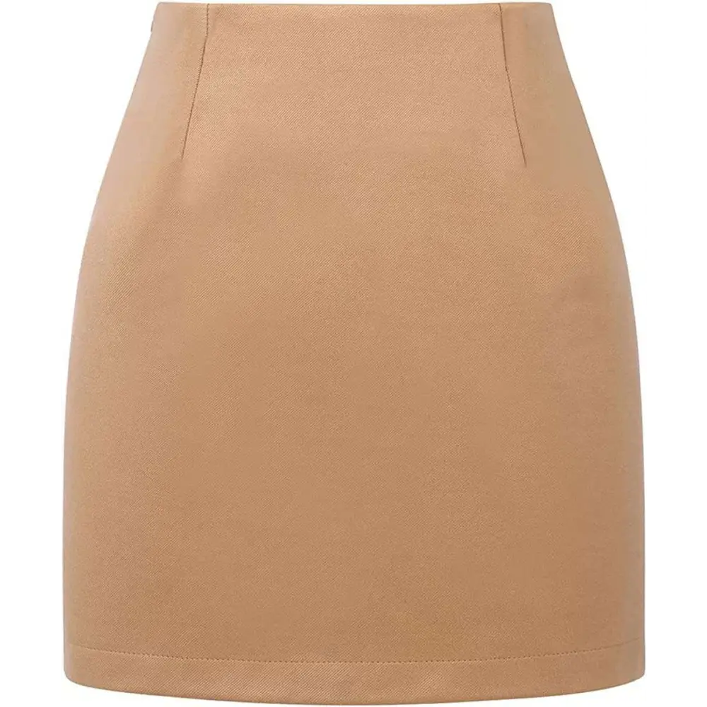 A sleek tan high waist plaid tight pencil wool mini skirt with structured design and front pleats