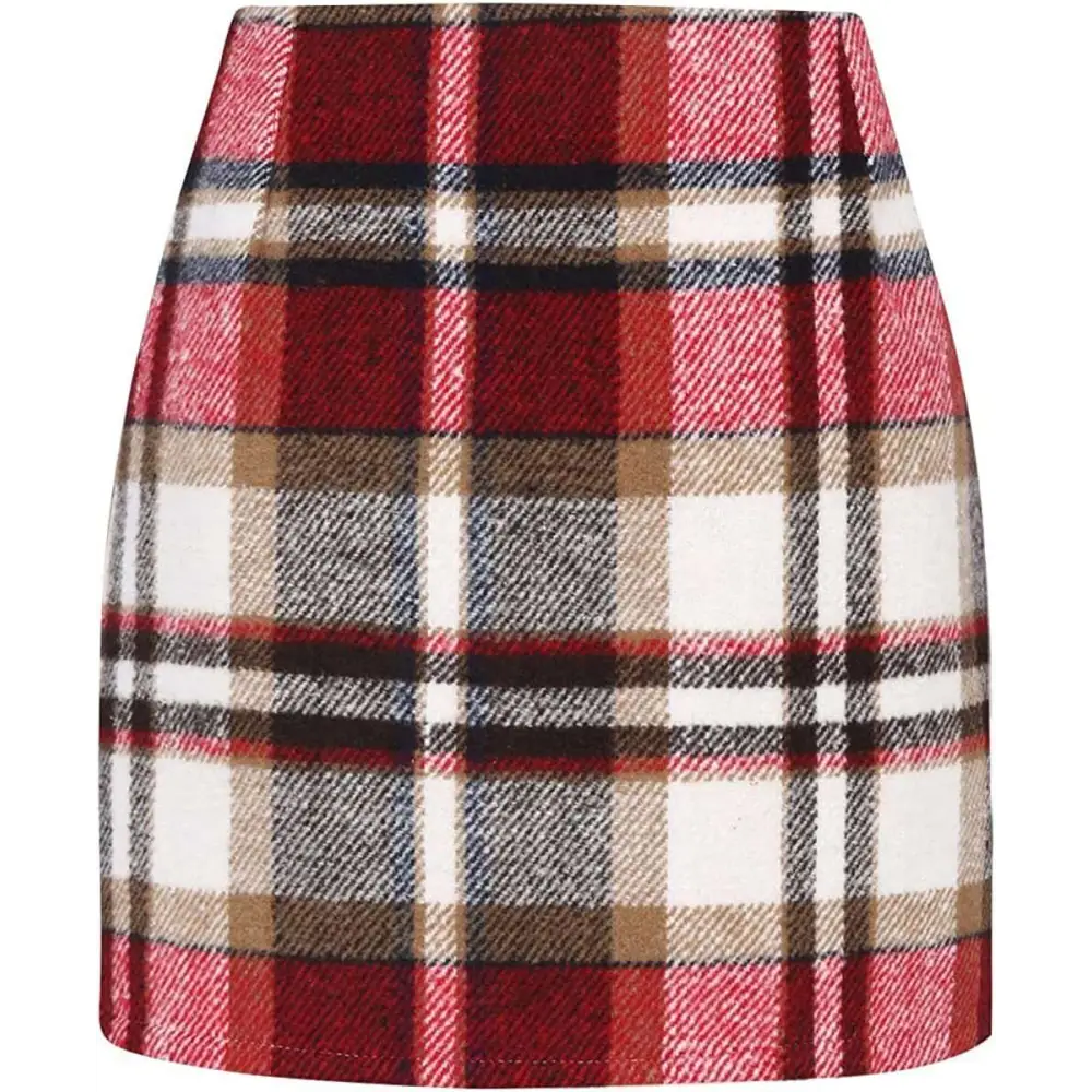 A high waist plaid tight pencil wool mini skirt in red white beige and navy blue with a bold plaid pattern