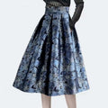 High waist slimming jacquard floral midi skirt in dark blue with intricate lighter blue and white floral pattern