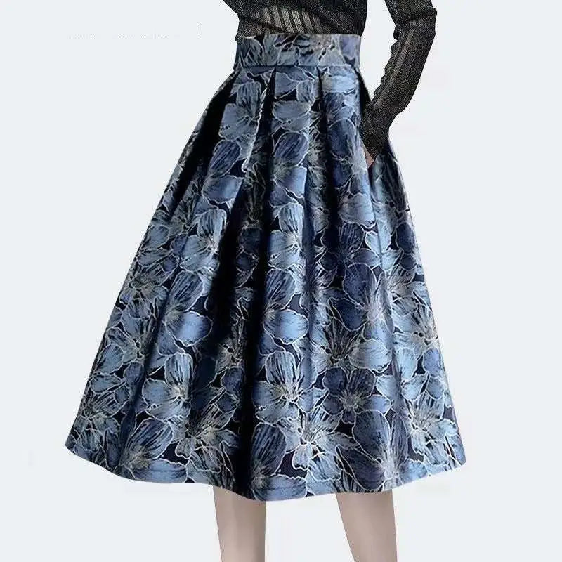 High waist slimming jacquard floral midi skirt in dark blue with intricate lighter blue and white floral pattern