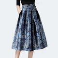 High waist slimming jacquard midi skirt in dark blue with intricate jacquard floral pattern and flared silhouette