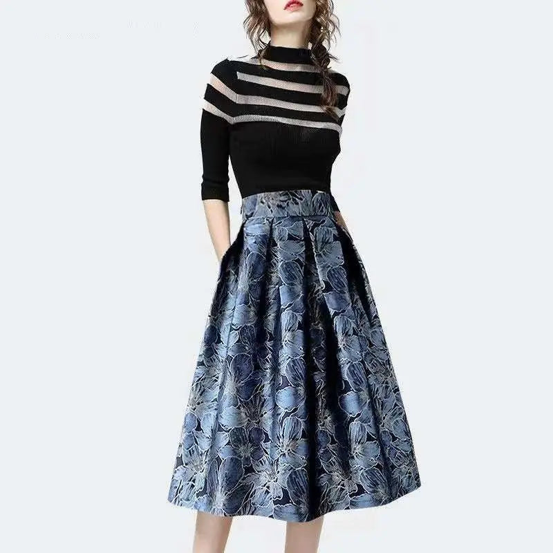 High waist slimming jacquard floral midi skirt in rich navy blue with elegant lighter blue and silver accents