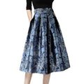 High waist slimming jacquard floral midi skirt in rich navy blue with elegant lighter blue and silver accents