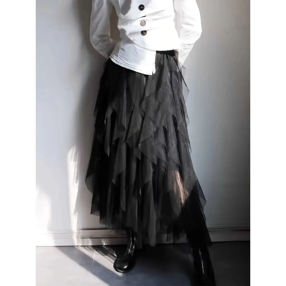 Black high waist tiered slimming mesh skirt with layered flowing tulle ruffles for elegant wear
