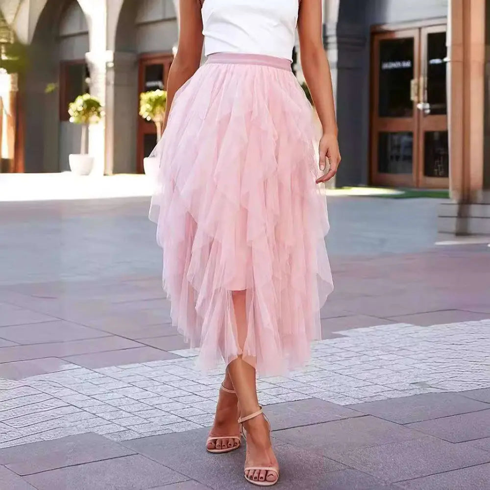 High waist tiered pink slimming mesh skirt with flowing tulle and asymmetrical hemline for elegant wear