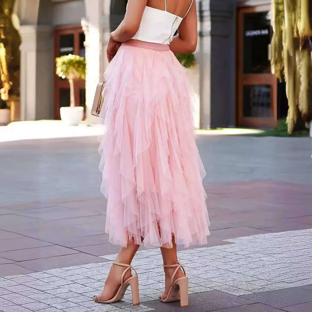 High waist tiered pink slimming mesh skirt with flowing tulle and asymmetrical hemline for elegant wear