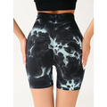 Black and light blue tie-dye high waist tummy control yoga shorts with stretchy, form-fitting design and butt lift effect