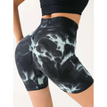 Black and light blue tie-dye high waist tummy control yoga shorts with snug, form-fitting butt lift design