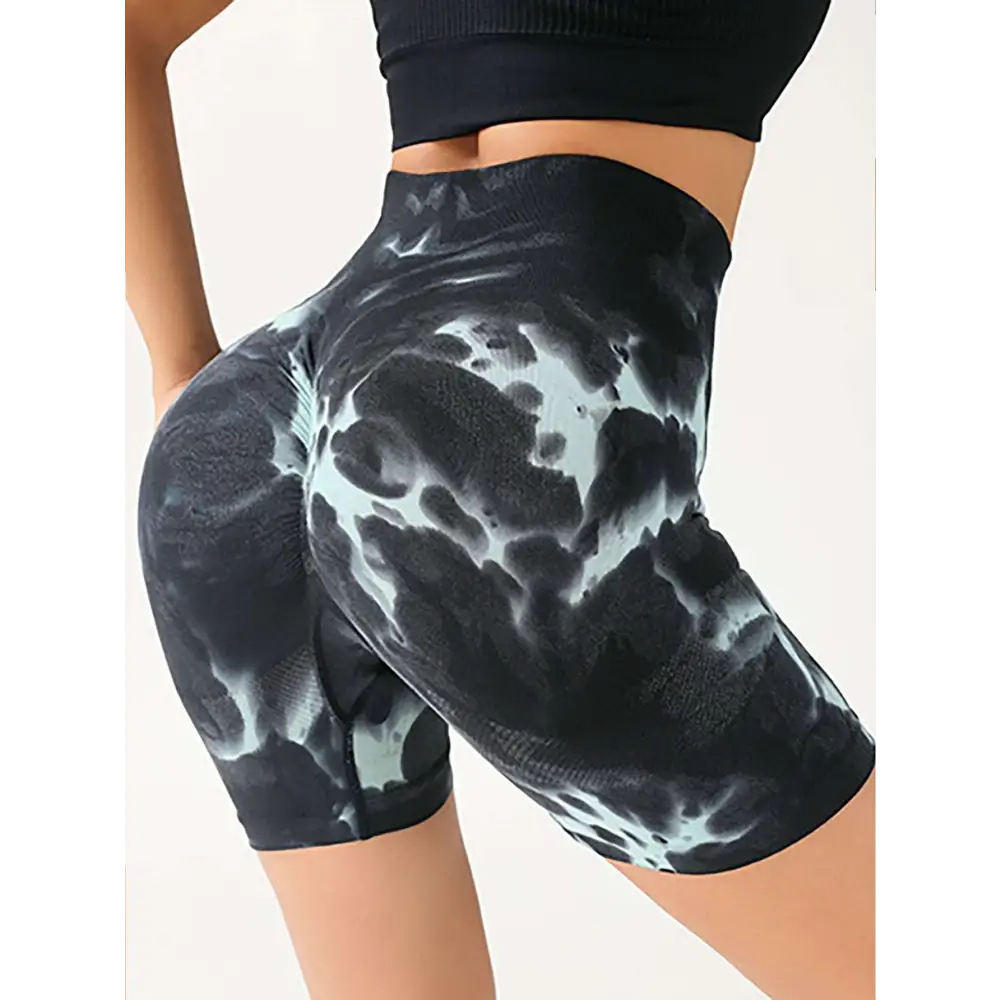 Black and light blue tie-dye high waist tummy control yoga shorts with snug, form-fitting butt lift design