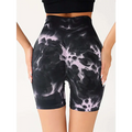 Black and lavender tie-dye high waist tummy control yoga shorts with stretchy form-fitting design and butt lift effect