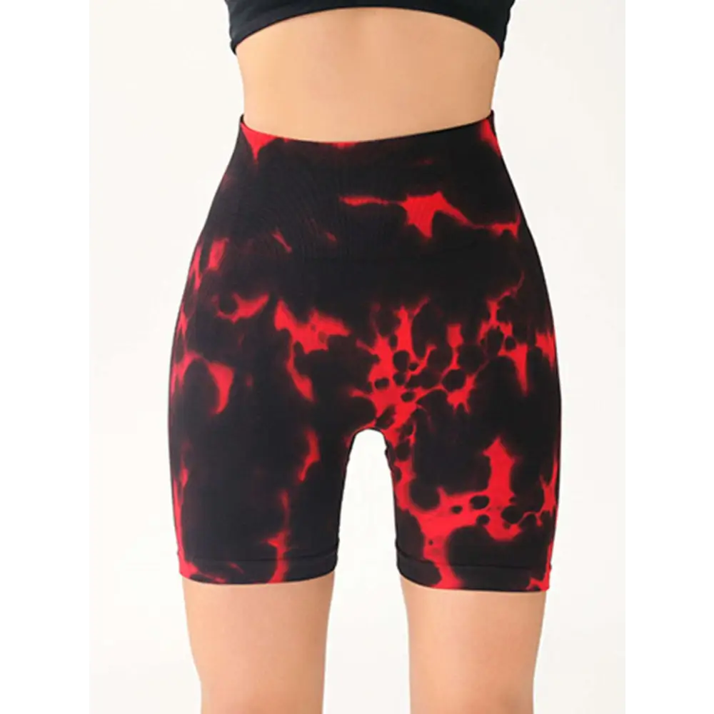 Black and red tie-dye high waist tummy control yoga shorts designed for butt lift and comfortable active wear