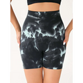 High waist tummy control tie-dye yoga shorts in black and light blue with a snug, stretchy fit and butt lift effect
