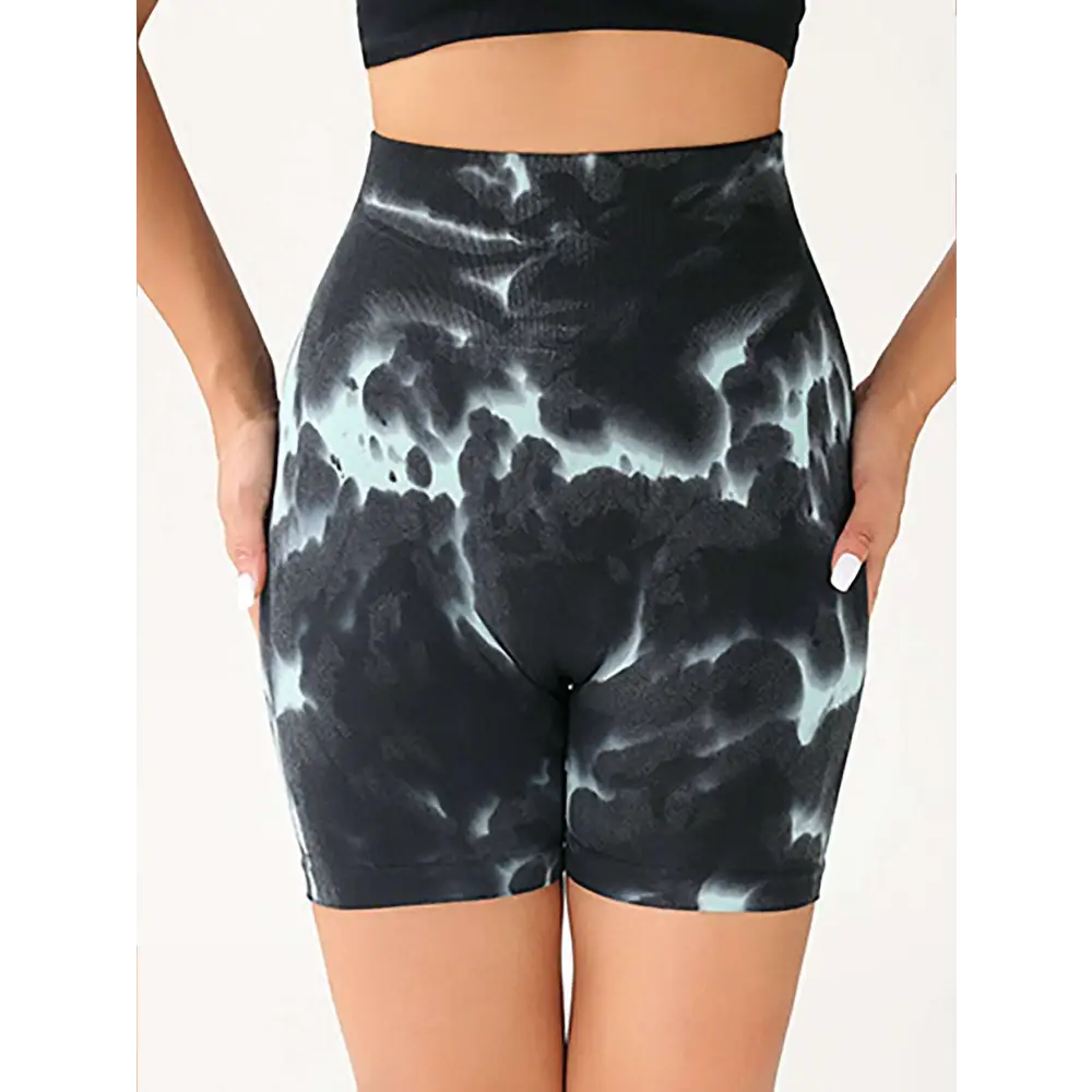 High waist tummy control tie-dye yoga shorts in black and light blue with a snug, stretchy fit and butt lift effect