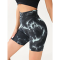High waist tummy control tie-dye yoga shorts in black and light blue with butt lift and tummy control features