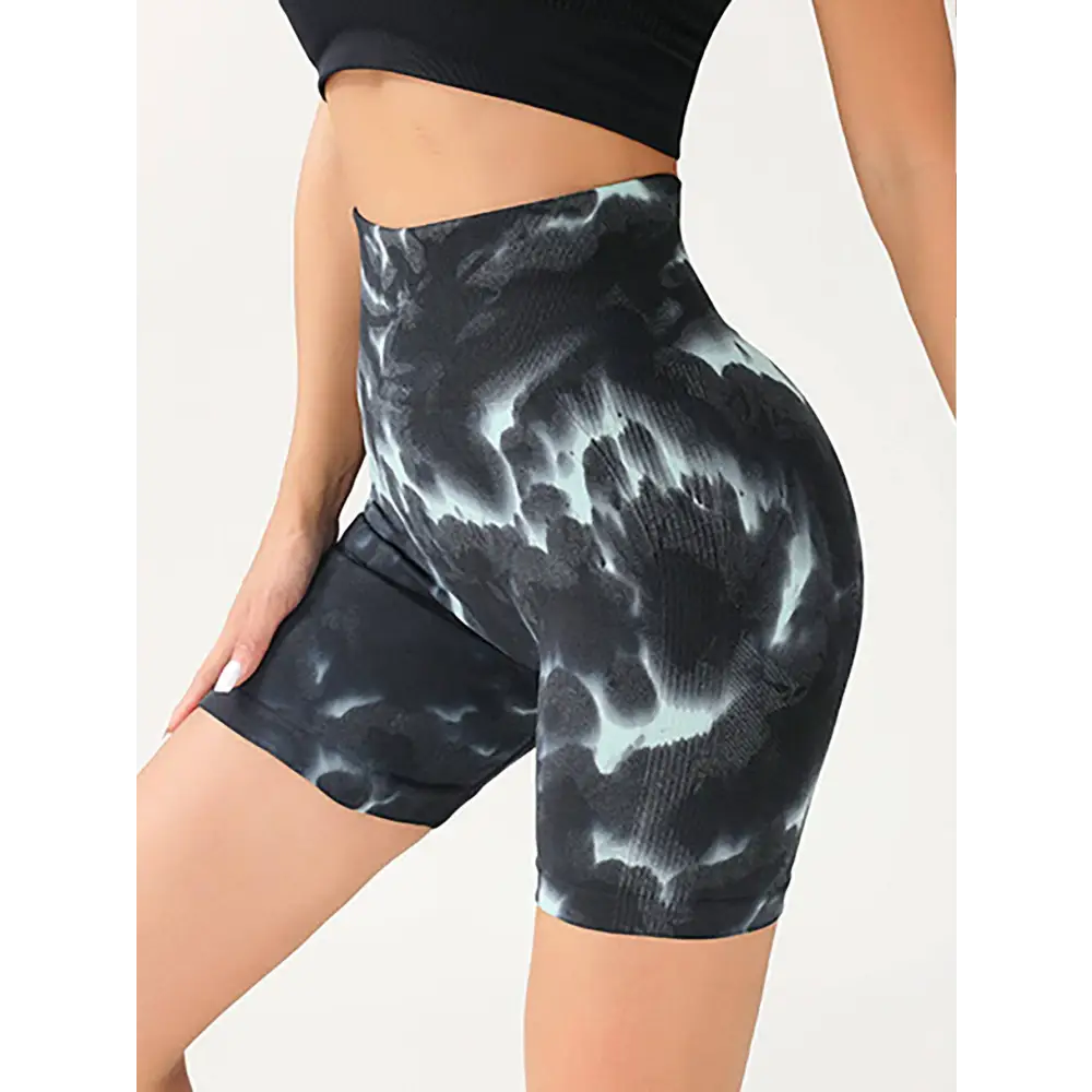 High waist tummy control tie-dye yoga shorts in black and light blue with butt lift and tummy control features