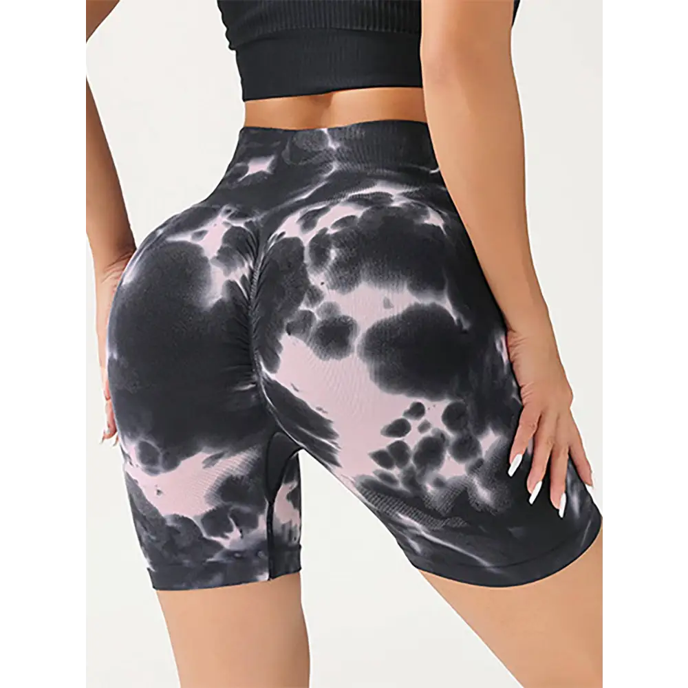 Black and pink tie-dye high waist tummy control yoga shorts with snug, butt lift design for athletic use
