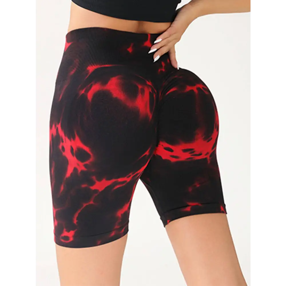 High waist tummy control tie-dye yoga shorts with black and red skull pattern and stretchy butt lift fabric