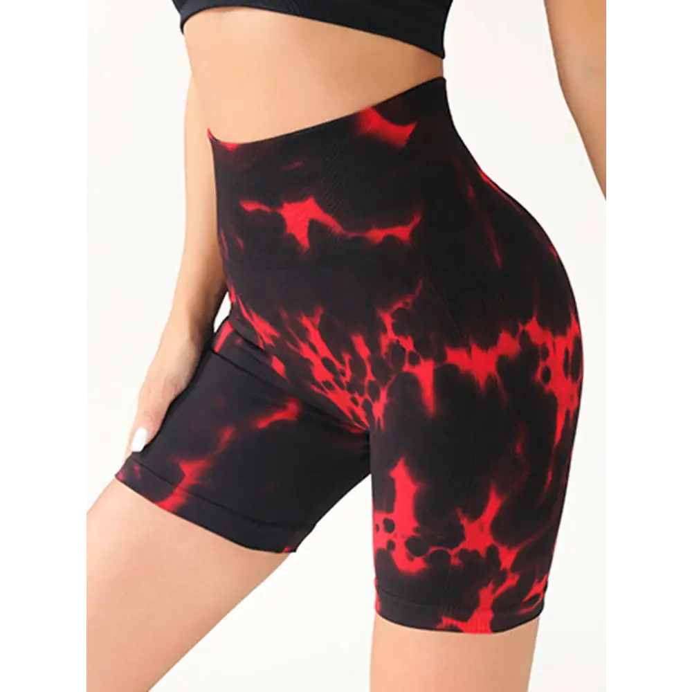 Black and red tie-dye high waist tummy control yoga shorts with butt lift design for enhanced fit and comfort