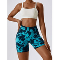Blue and black tie-dye high waist tummy control yoga shorts with butt lift design for active wear