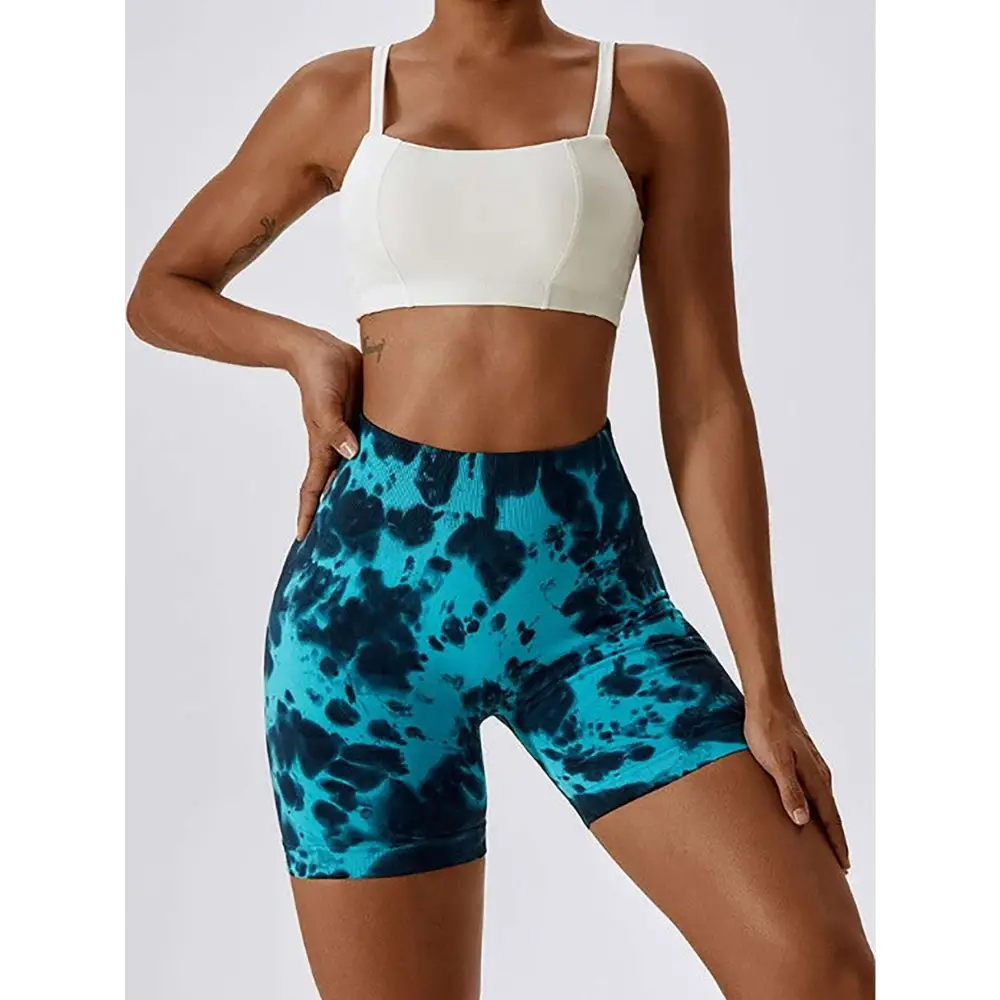 Blue and black tie-dye high waist tummy control yoga shorts with butt lift design for active wear