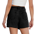 Black high waist washed irregular denim short skirt showing the back side with classic pockets and faded wash