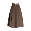 A brown high waist woolen umbrella skirt with pleats front pockets and a matching belt for elegant wear