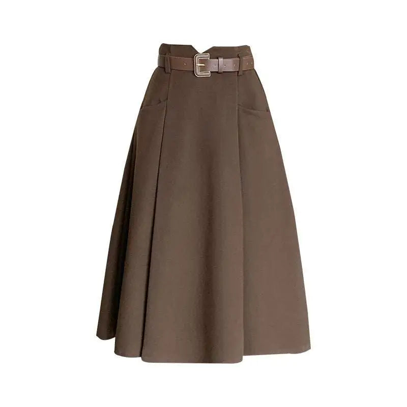 A brown high waist woolen umbrella skirt with pleats front pockets and a matching belt for elegant wear