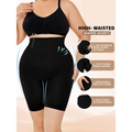 Black high waisted body shaper shorts with seamless design, 360 degree coverage, and anti curve silicone bones