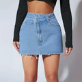 High waisted fashion light-wash denim short skirt with front button closure and frayed hem detail
