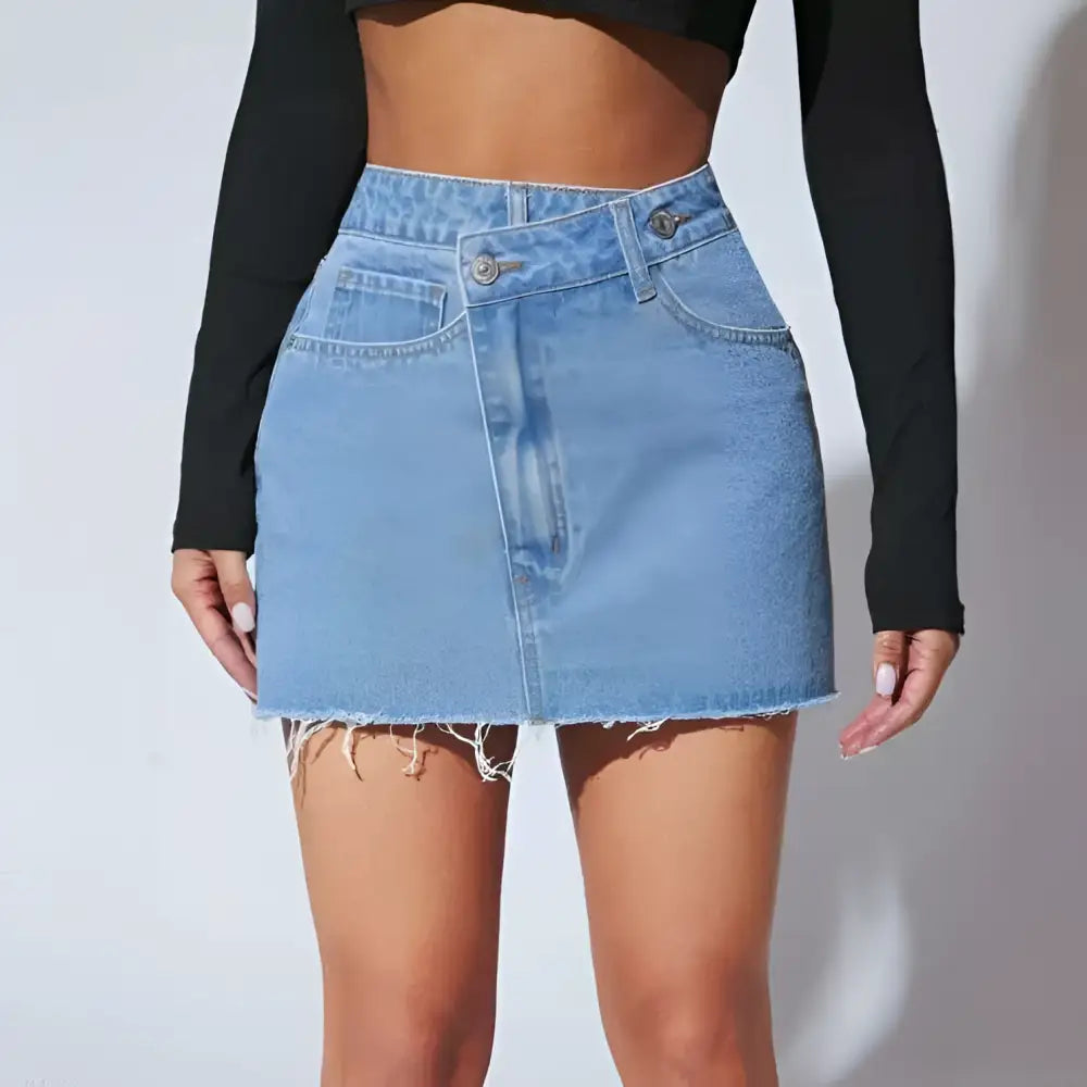 High waisted fashion light-wash denim short skirt with front button closure and frayed hem detail