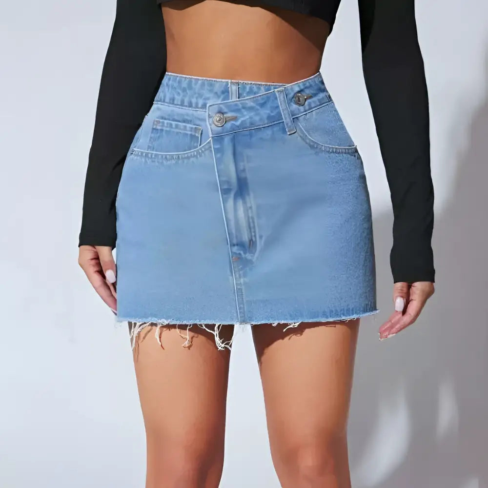 High waisted fashion light blue denim short skirt with frayed hem and classic front button closure