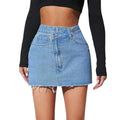 High waisted fashion light-wash denim short skirt with front button closure and frayed hem detail