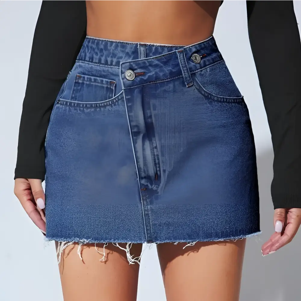 A high waisted fashion denim short skirt with classic blue wash, frayed hem, and button closures