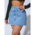High waisted fashion light-wash denim short skirt with frayed hem and front button closure in irregular design