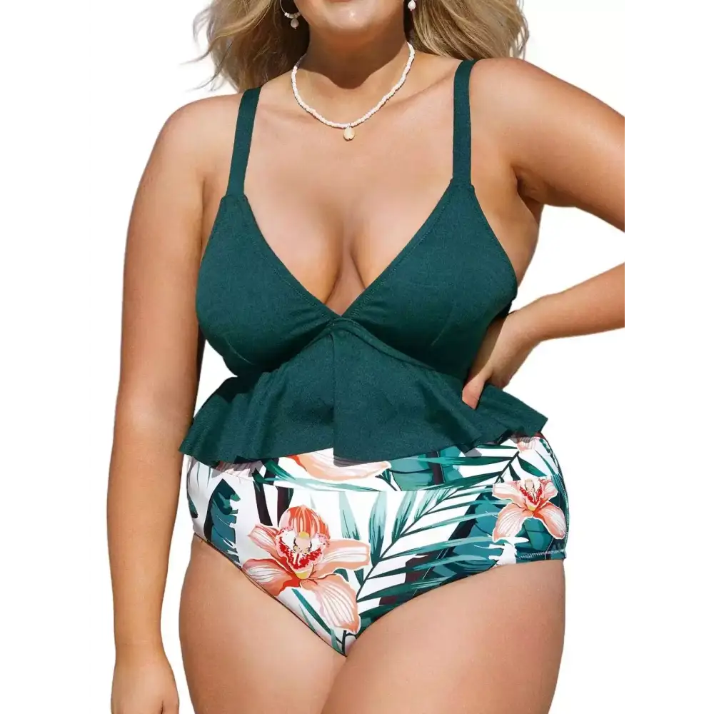 Dark green floral plus size high waisted bikini with peplum top and matching tropical print swim bottoms