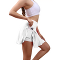 White high waisted womens tennis skirt with built in side pocket holding smartphone for active use