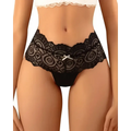 Black lace high waisted womens underwear with delicate lace floral pattern and small silver bow at center