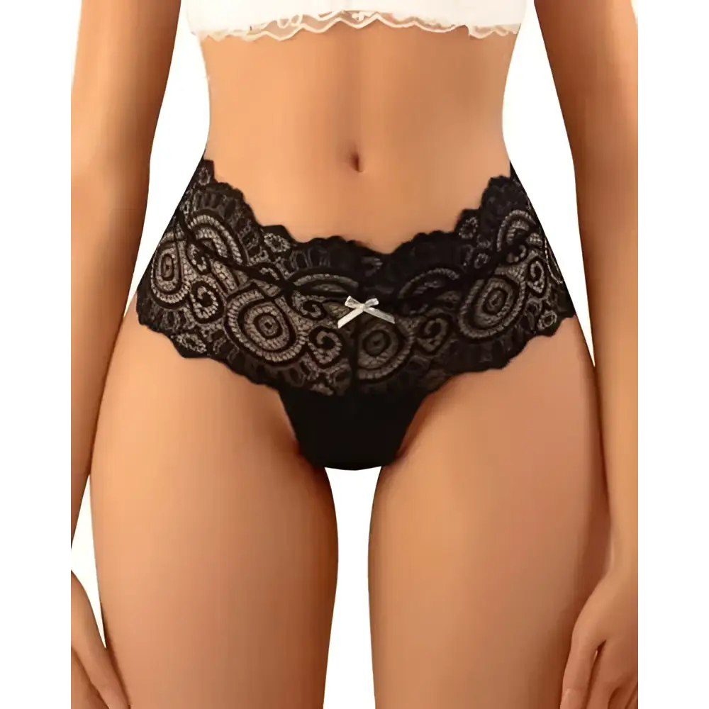 Black lace high waisted womens underwear with delicate lace floral pattern and small silver bow at center